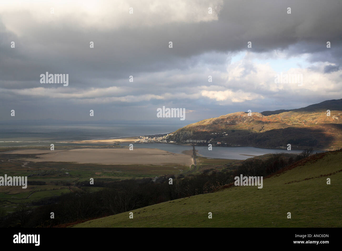 a landscape of barmouth and cardigan bay with snowdonia mountains Stock Photo