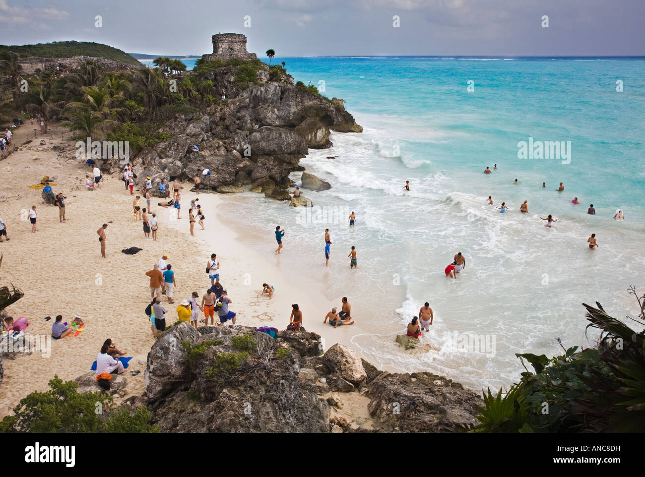 The beach and Mayan ruins of Tulum Located on the Yucatan Peninsula of Mexico Stock Photo