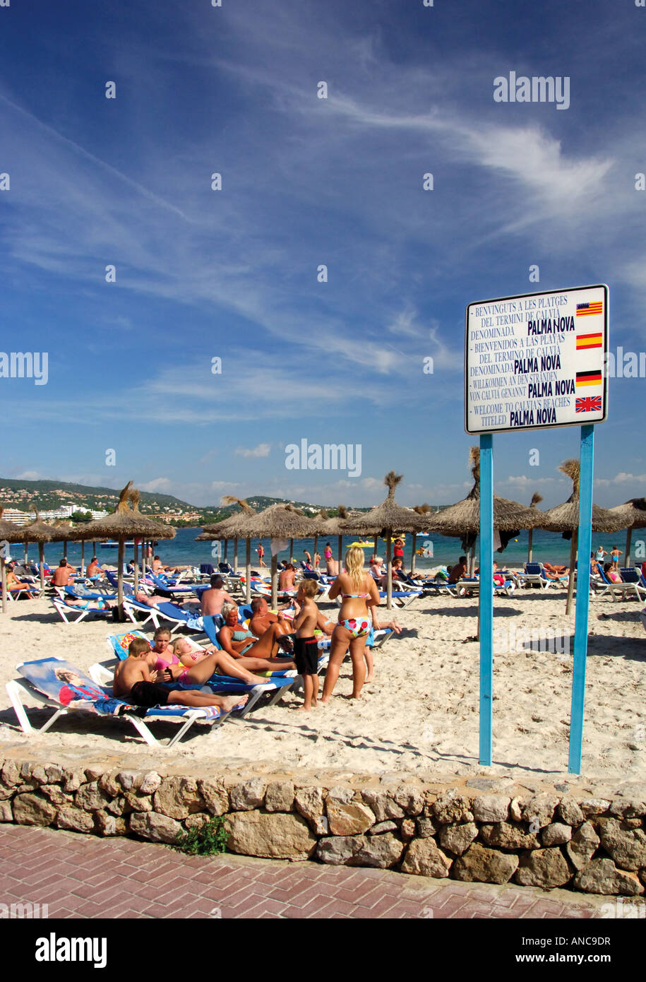 location sign and people Palma Nova beach Majorca Spain Stock Photo
