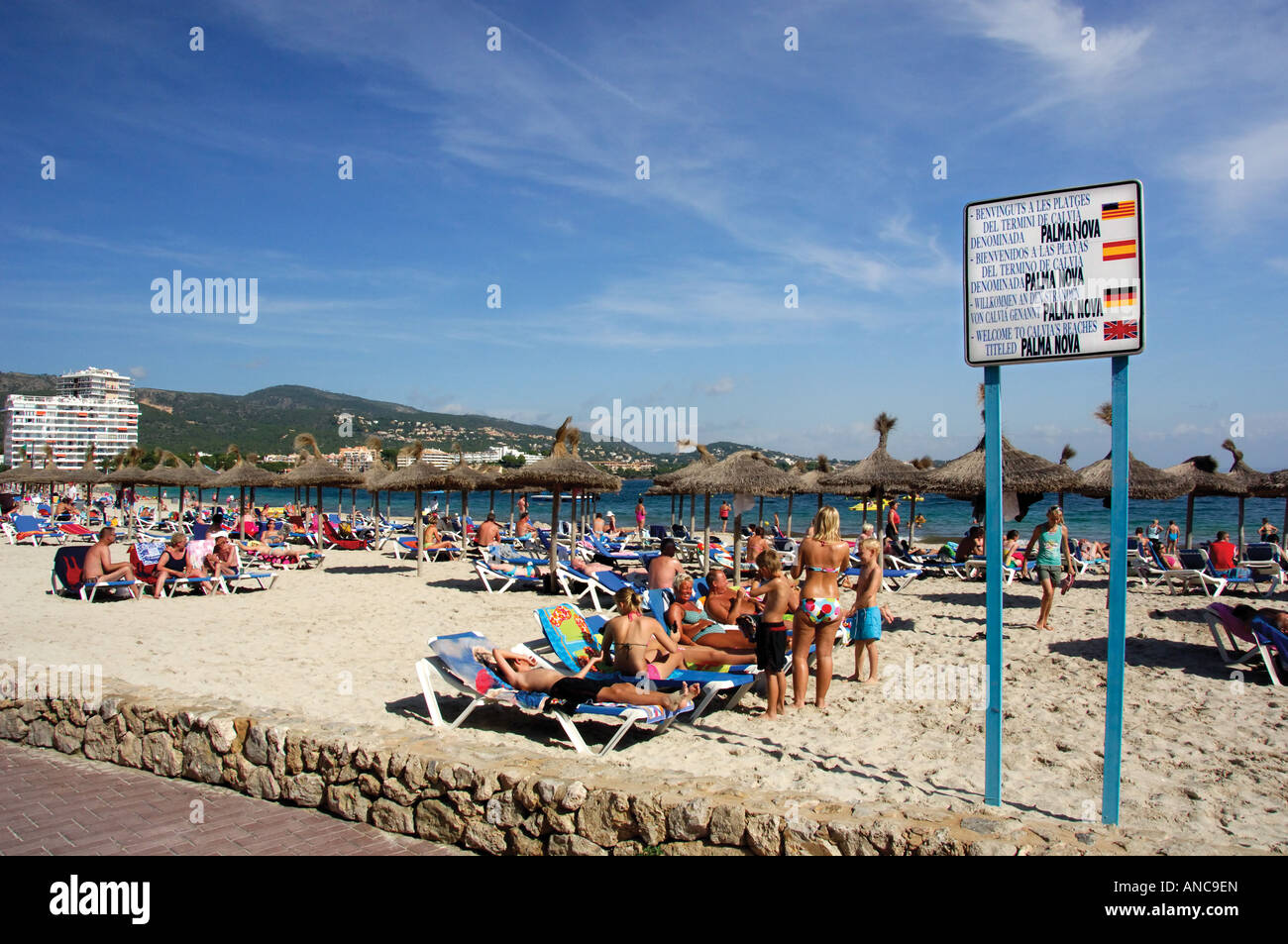location sign and people Palma Nova beach Majorca Spain Stock Photo