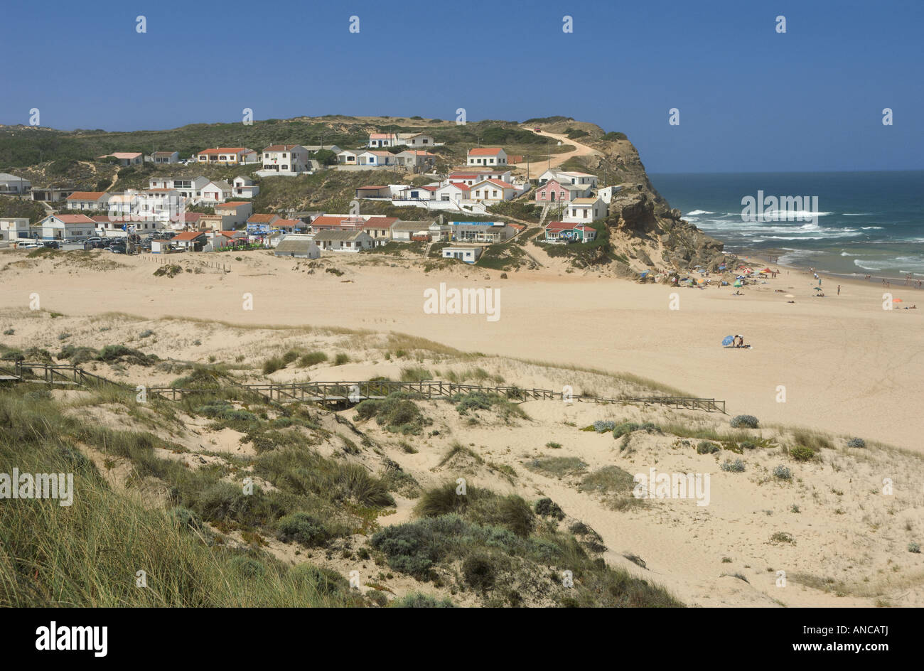 Portugal the Algarve, the Western Costa Vicentina coast, Monte Clérigo village and beach Stock