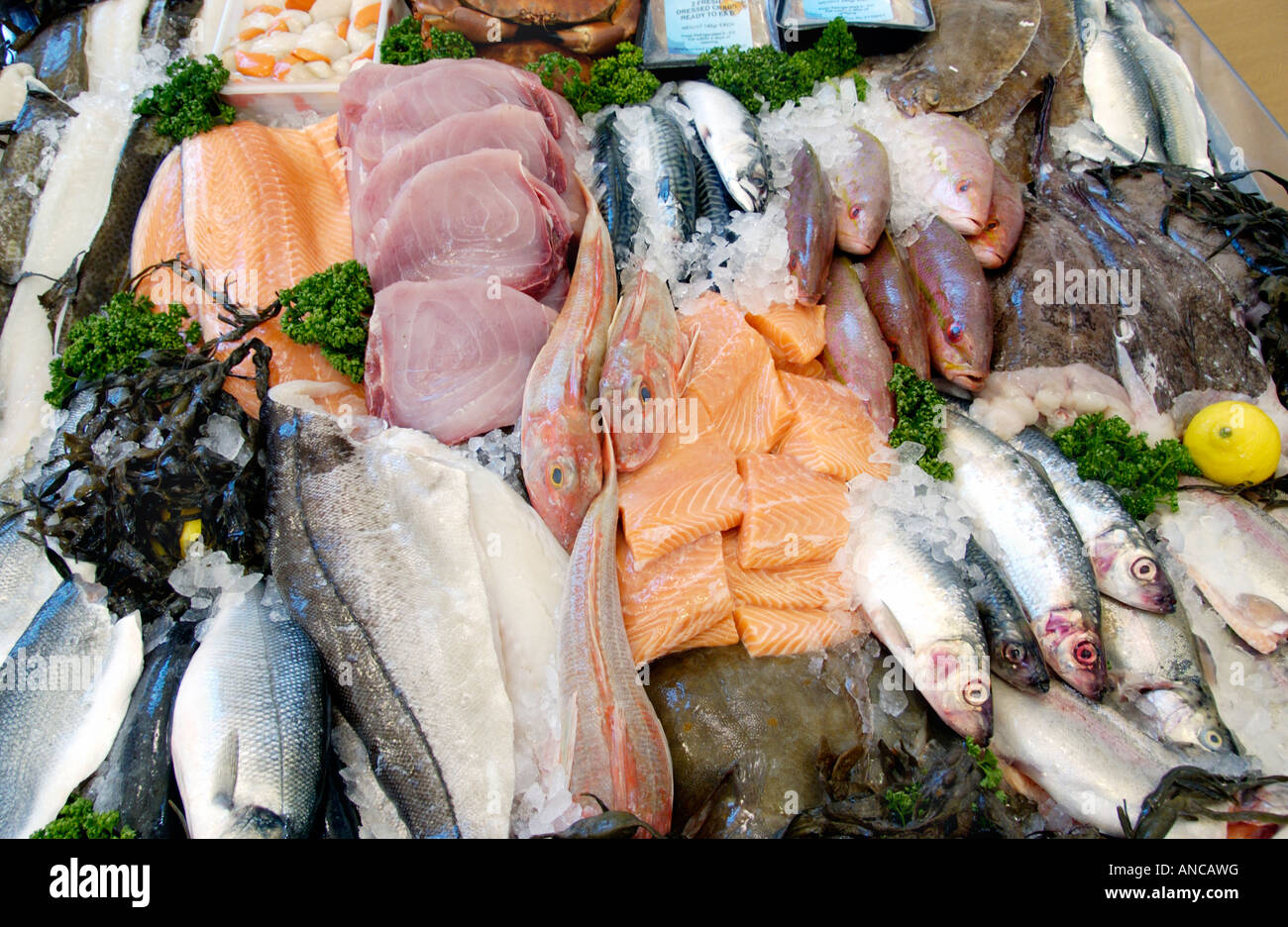 Selection of sea fish for sale at Abergavenny Food Festival Monmouthshire South Wales UK EU Stock Photo