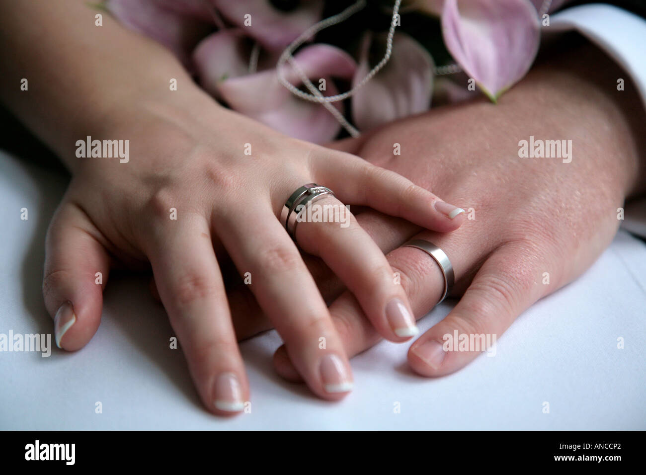 newly married couple showing rings Stock Photo