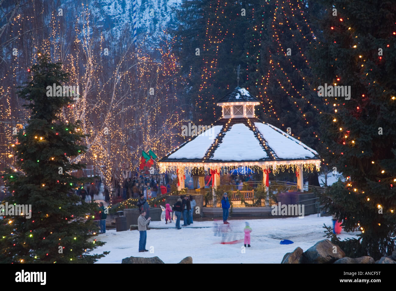 USA, WA, Leavenworth, Ice Festival with gazebo and city park Stock