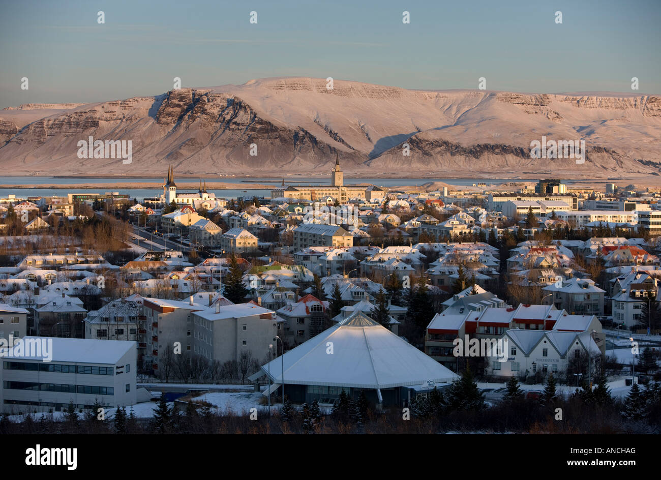 Reykjavik city at winter seen from the restaurant Pearl Stock Photo