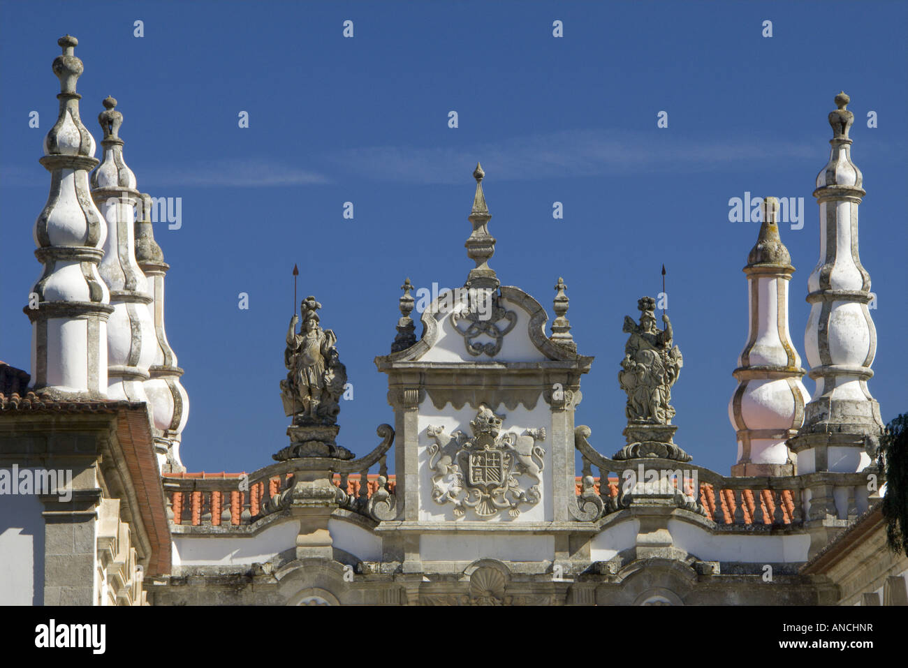 North Portugal Tras os montes district Mateus Palace detail of turrets and coat of arms ornate baroque architecture Stock Photo