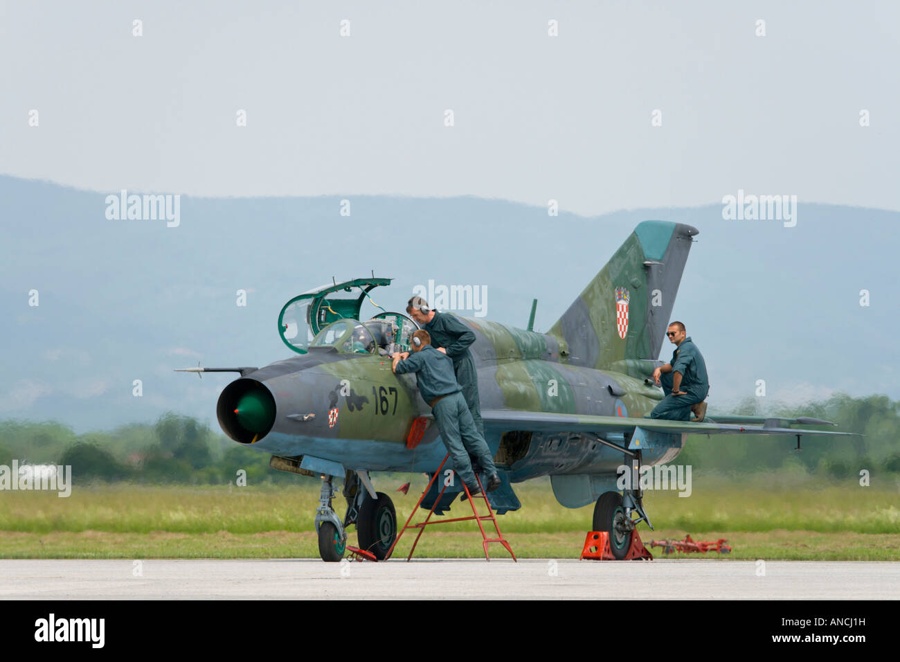 Croatian Air Force MiG-21 BISD '167' fighter maintenance after landing Stock Photo