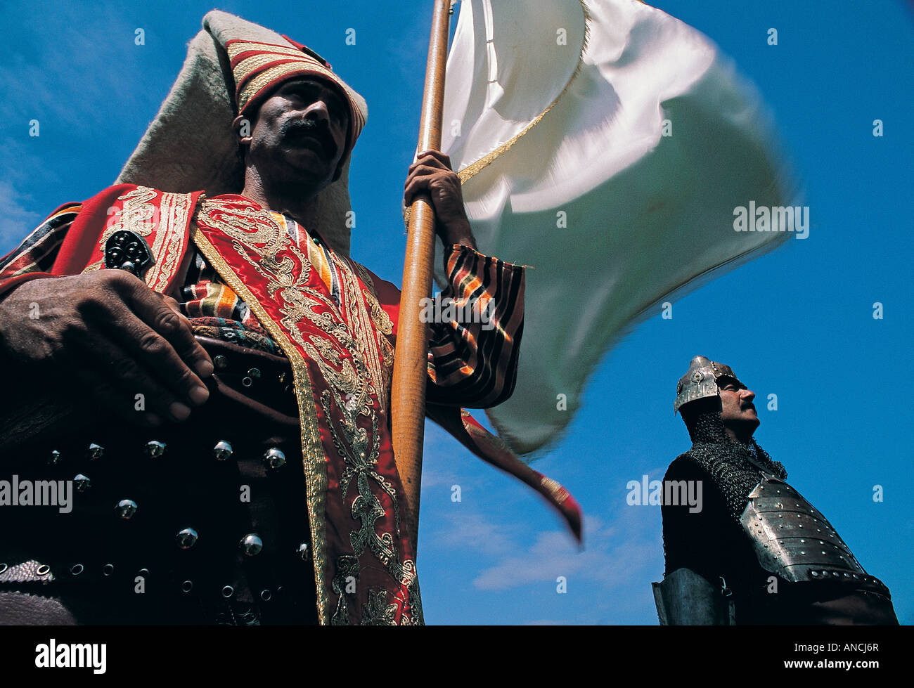 Janissary soldier and their symbol flag , Istanbul Turkey . Stock Photo