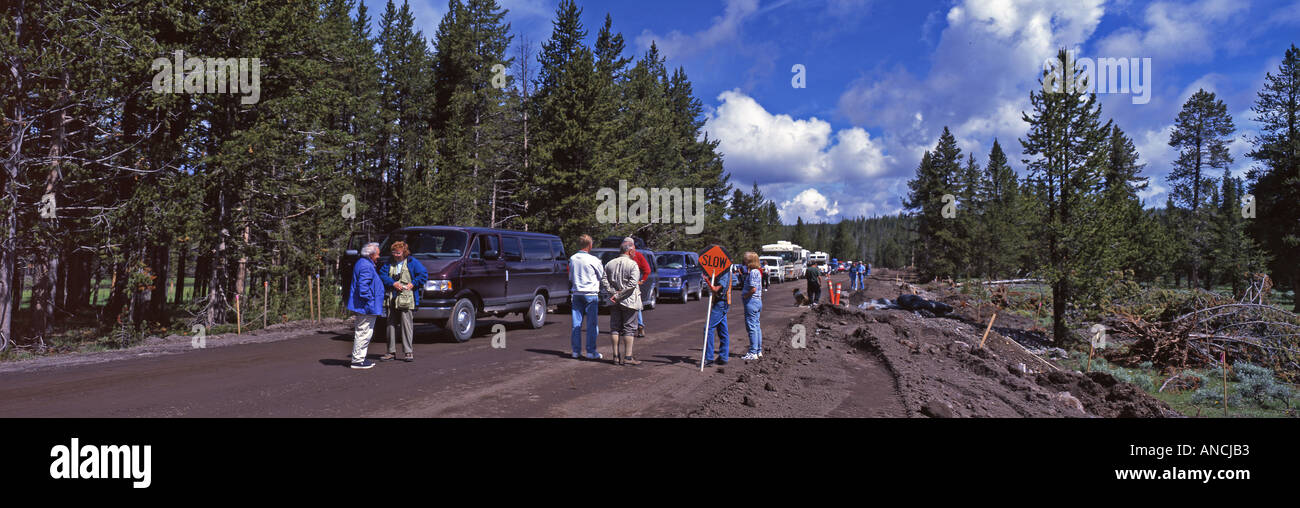 Yellowstone Road repairs in the summer season cause long delays Yellowstone NP USA Stock Photo