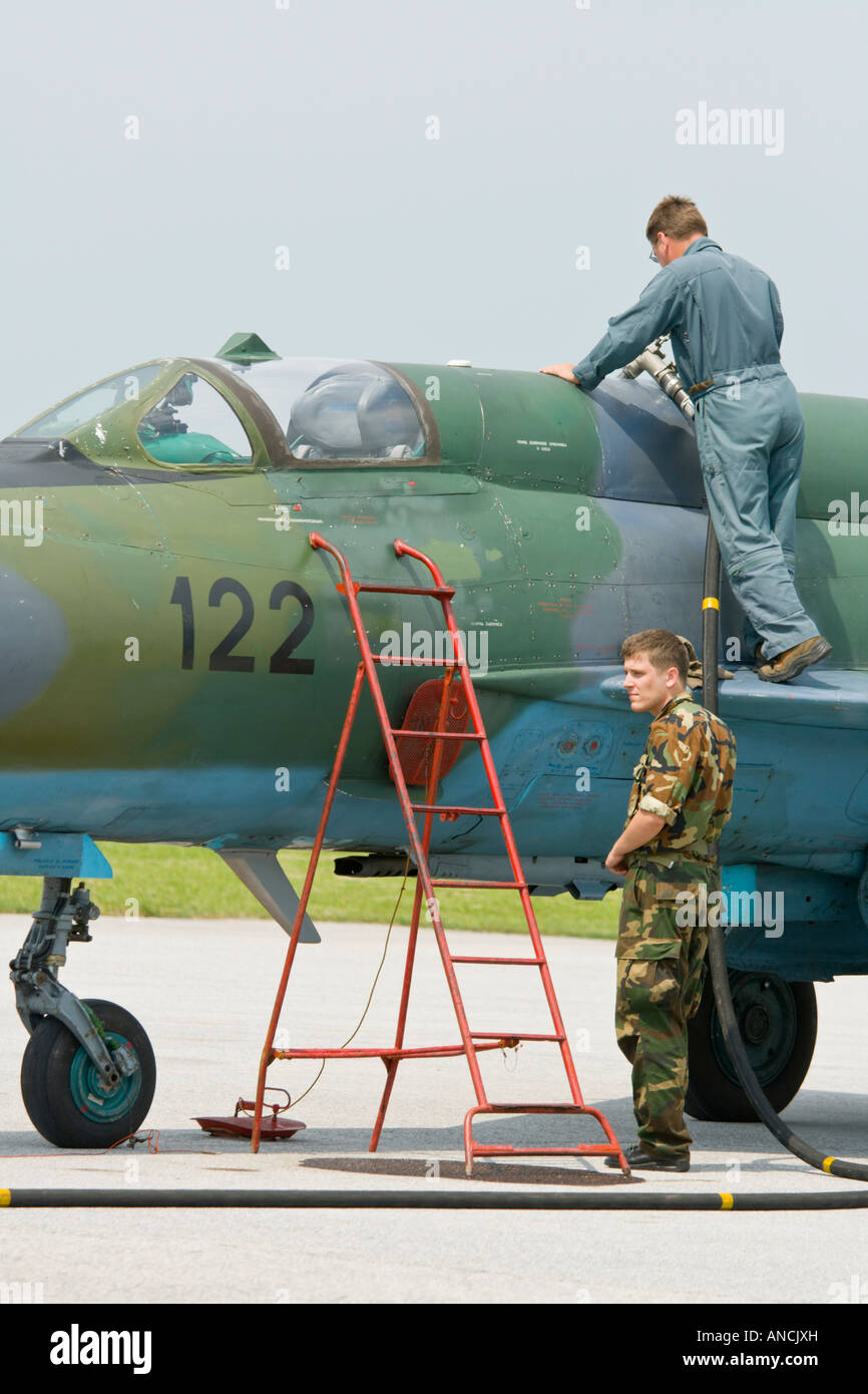 Croatian Air Force MiG-21 BISD fighter maintenance, Pleso AFB during 'open day' visit in 2007 Stock Photo