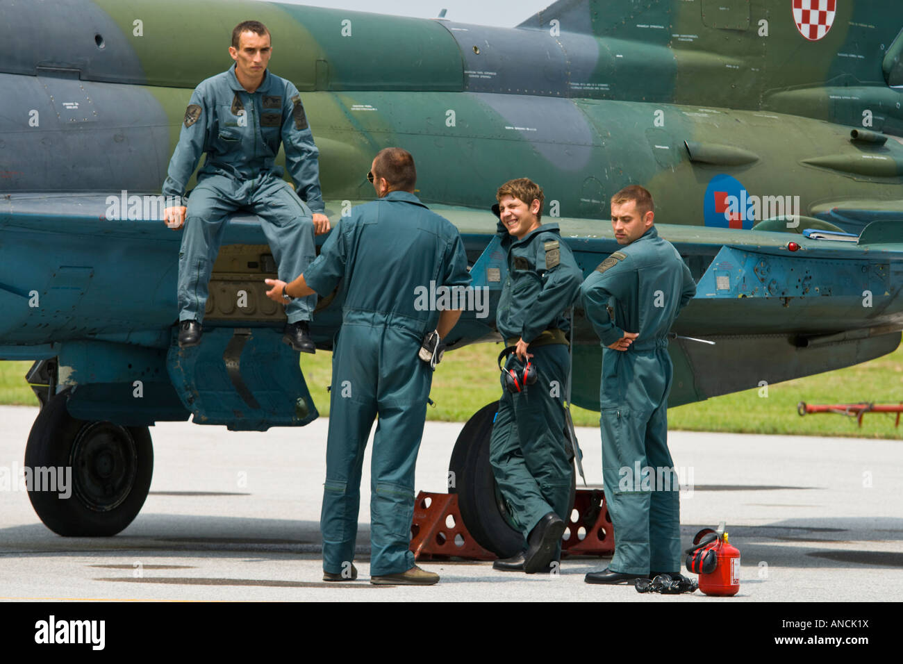 Croatian Air Force MiG-21 BISD fighter with mechanics around, Pleso AFB during 'open day' visit in 2007 Stock Photo