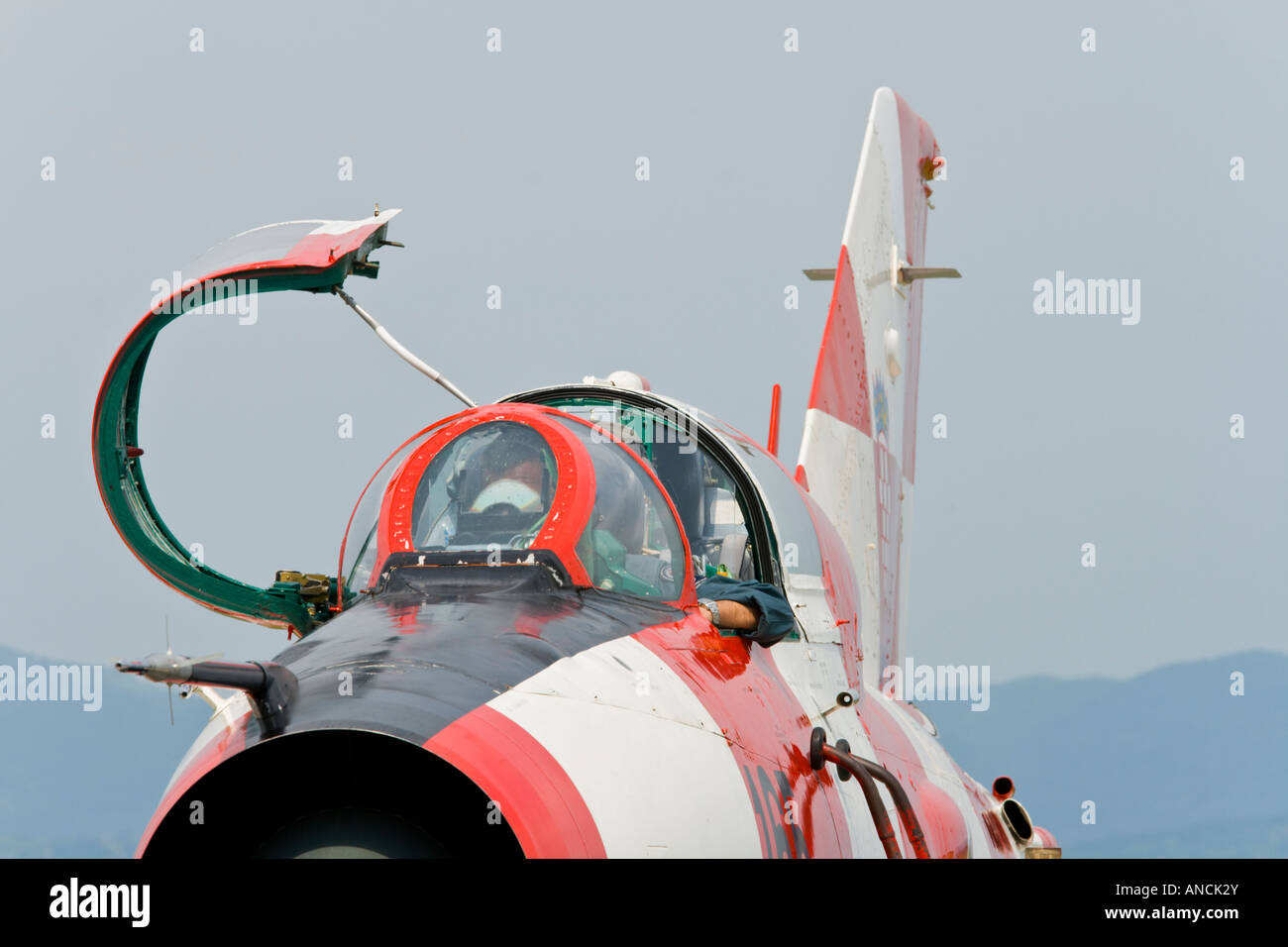 Croatian Air Force MiG-21 UMD with opened cockpit canopy, Pleso AFB during 'open day' visit in 2007 Stock Photo