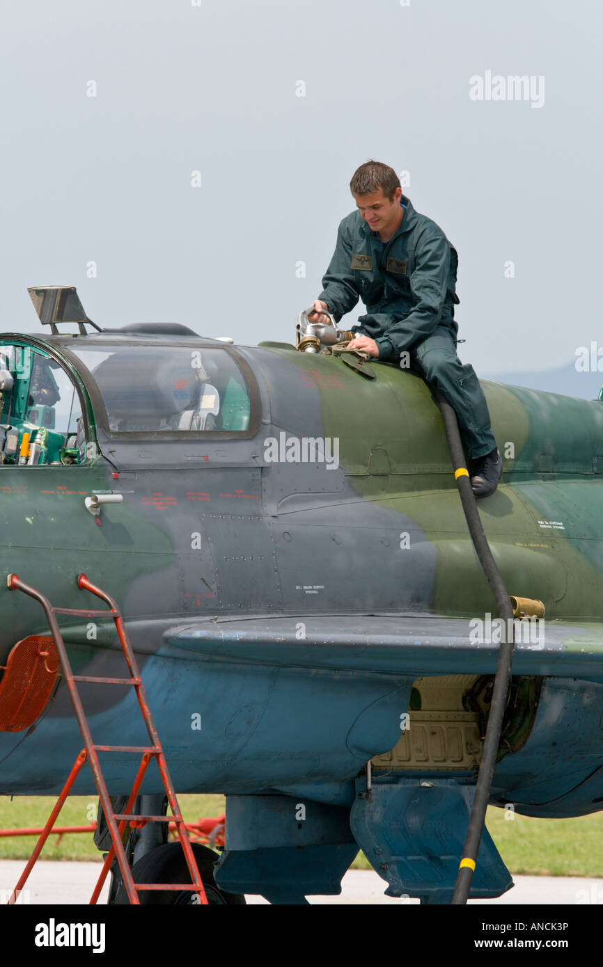 Croatian Air Force MiG-21 UMD trainer being refueled, Pleso AFB during 'open day' visit in 2007 Stock Photo
