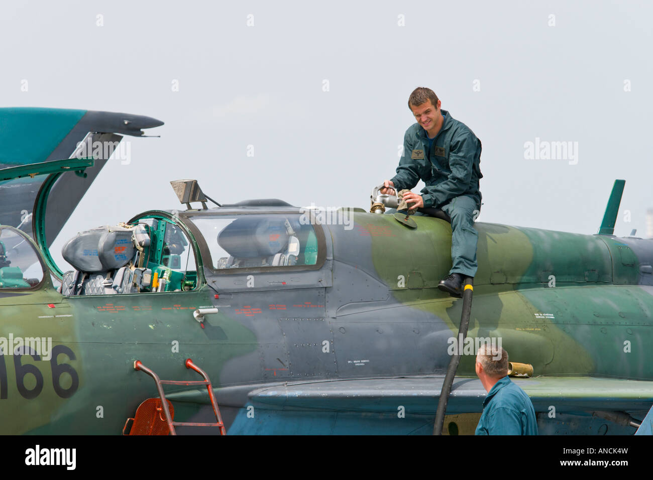 Croatian Air Force MiG-21 BISD fighter during refueling, Pleso AFB, 'open day' visit in 2007 Stock Photo