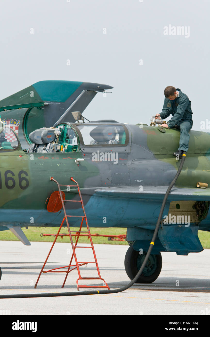 Croatian Air Force MiG-21 BISD fighter being refueled, Pleso AFB during 'open day' visit in 2007 Stock Photo