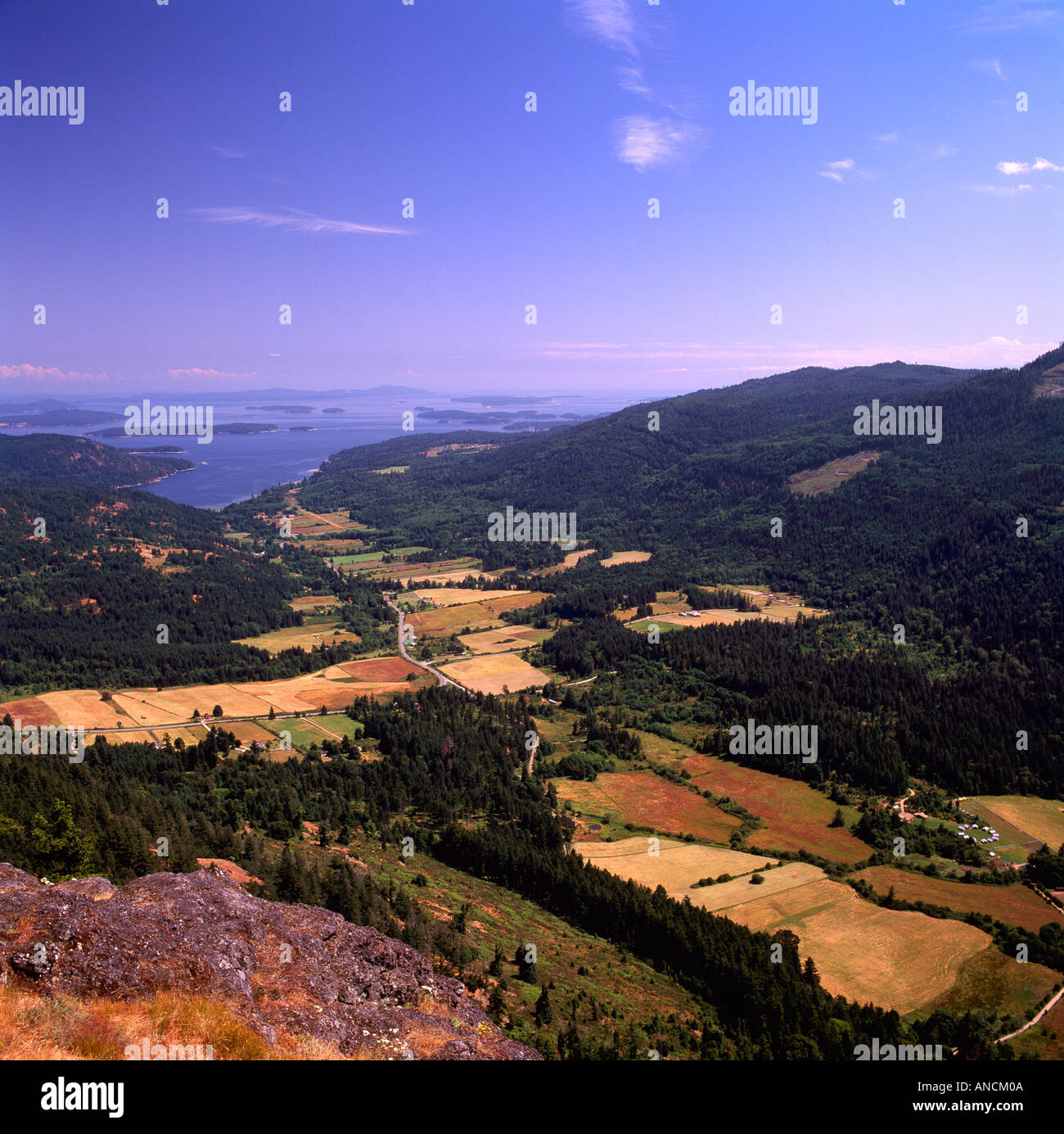 An Aerial View of Agricultural Land and the Gulf Islands from Mt Maxwell on Saltspring Island in British Columbia Canada Stock Photo