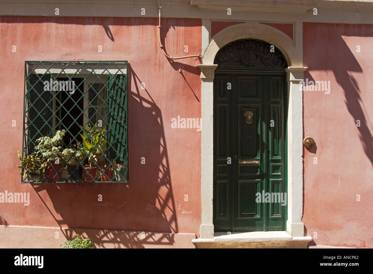 Facade of a house in the Kerkyra old town. Corfu, Greece. Stock Photo
