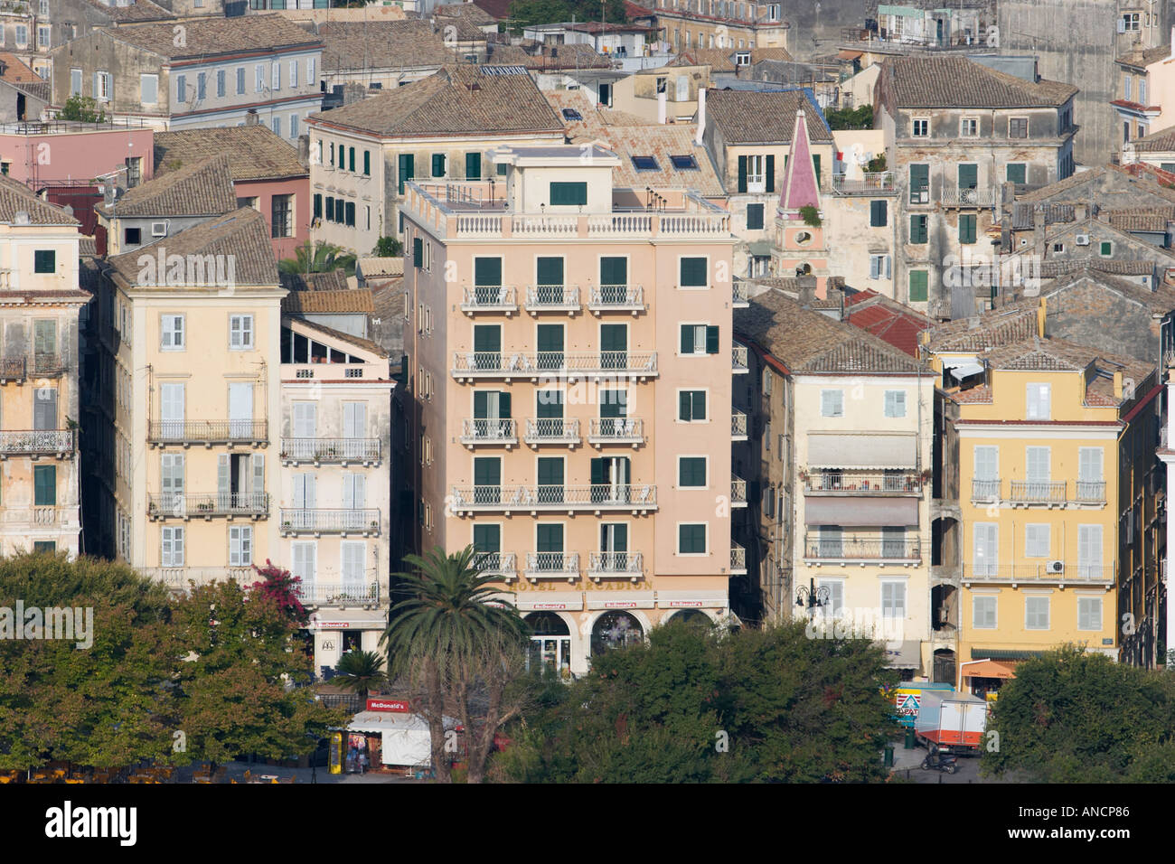 Venetian houses along the Spianada square. Kerkyra town, Corfu, Greece. Stock Photo