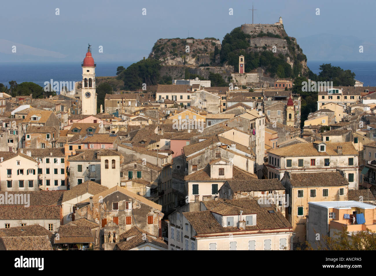 View of the Kerkyra old town with the Old Fortress at the background. Corfu island, Greece. Stock Photo