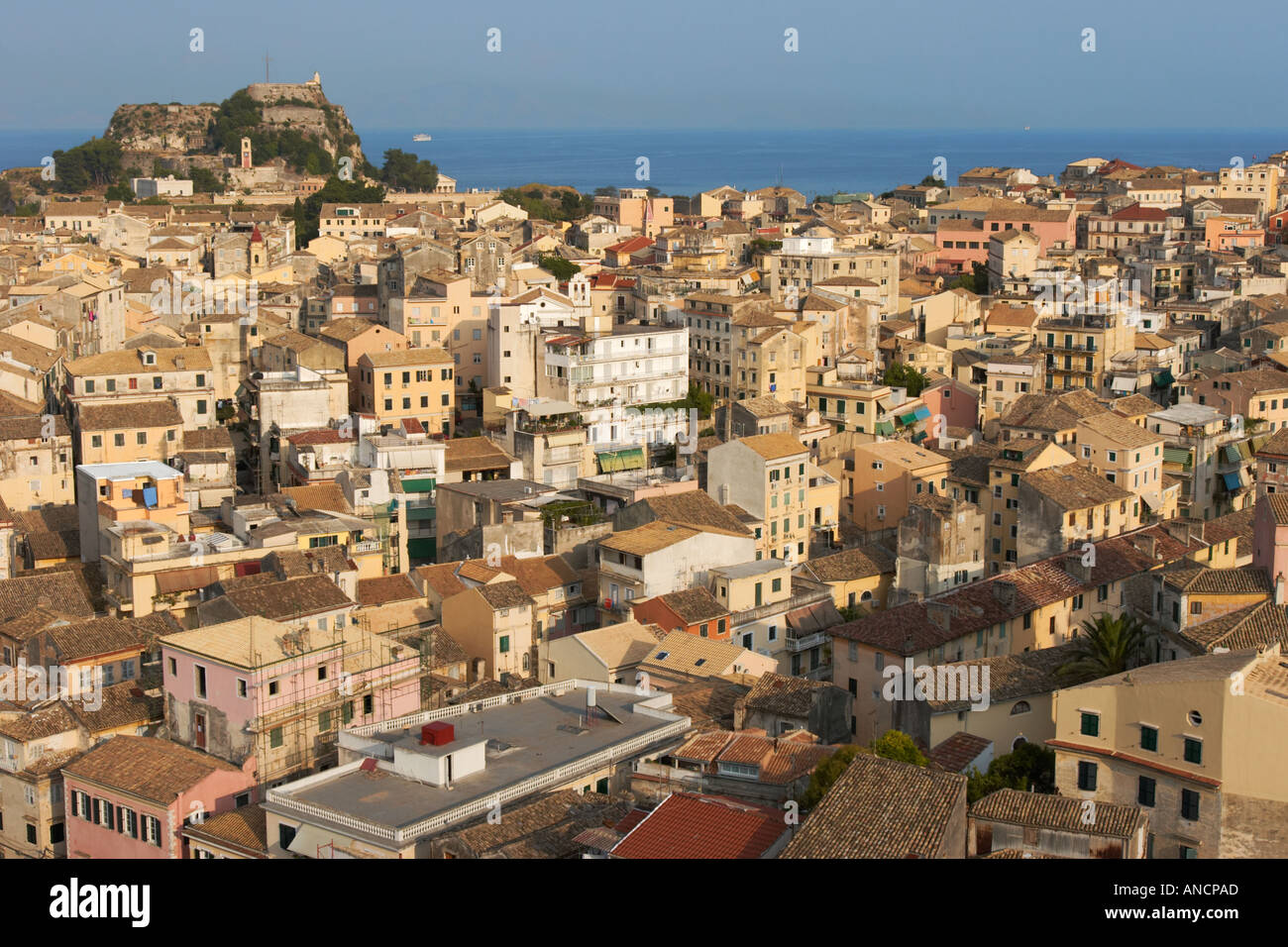 View of the Kerkyra old town from the New Fortress. Corfu island, Greece. Stock Photo