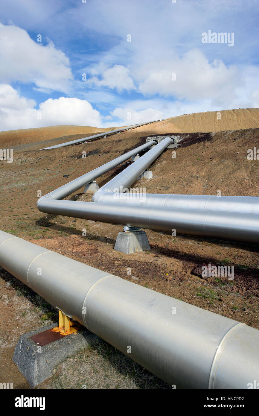 Insulated High Pressure Steam Pipes from Boreholes to Turbines Krafla Geothermal Power Plant Iceland Stock Photo