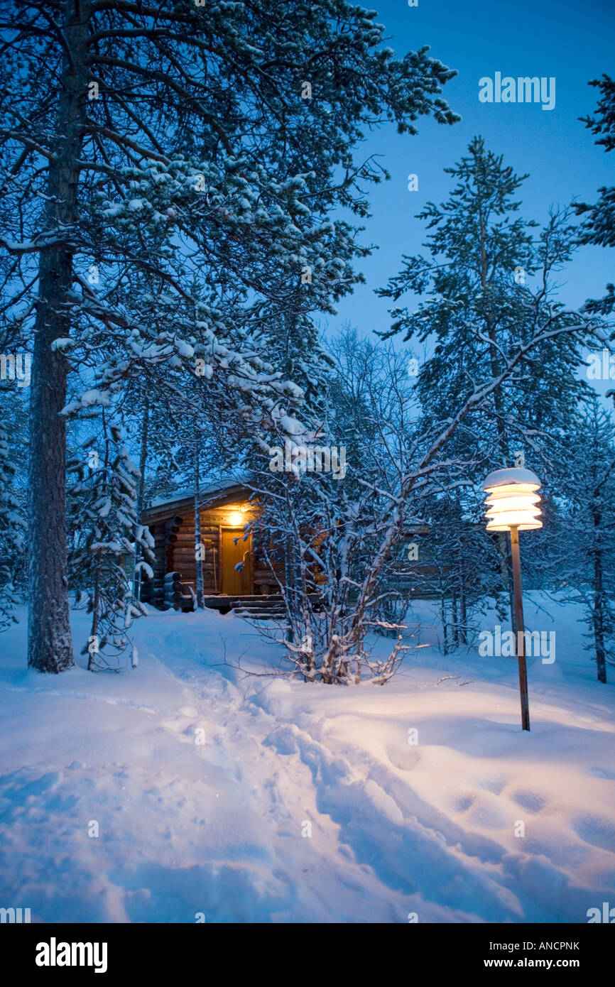 a log cabin in Lapland at dusk Stock Photo - Alamy