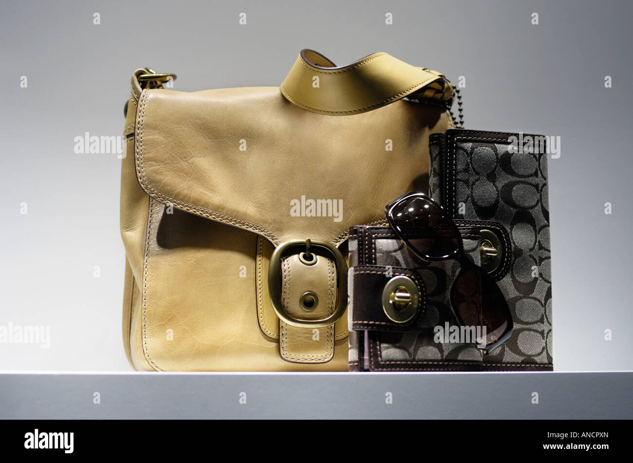 Stylish leather Purse wallets and glasses Stock Photo Alamy