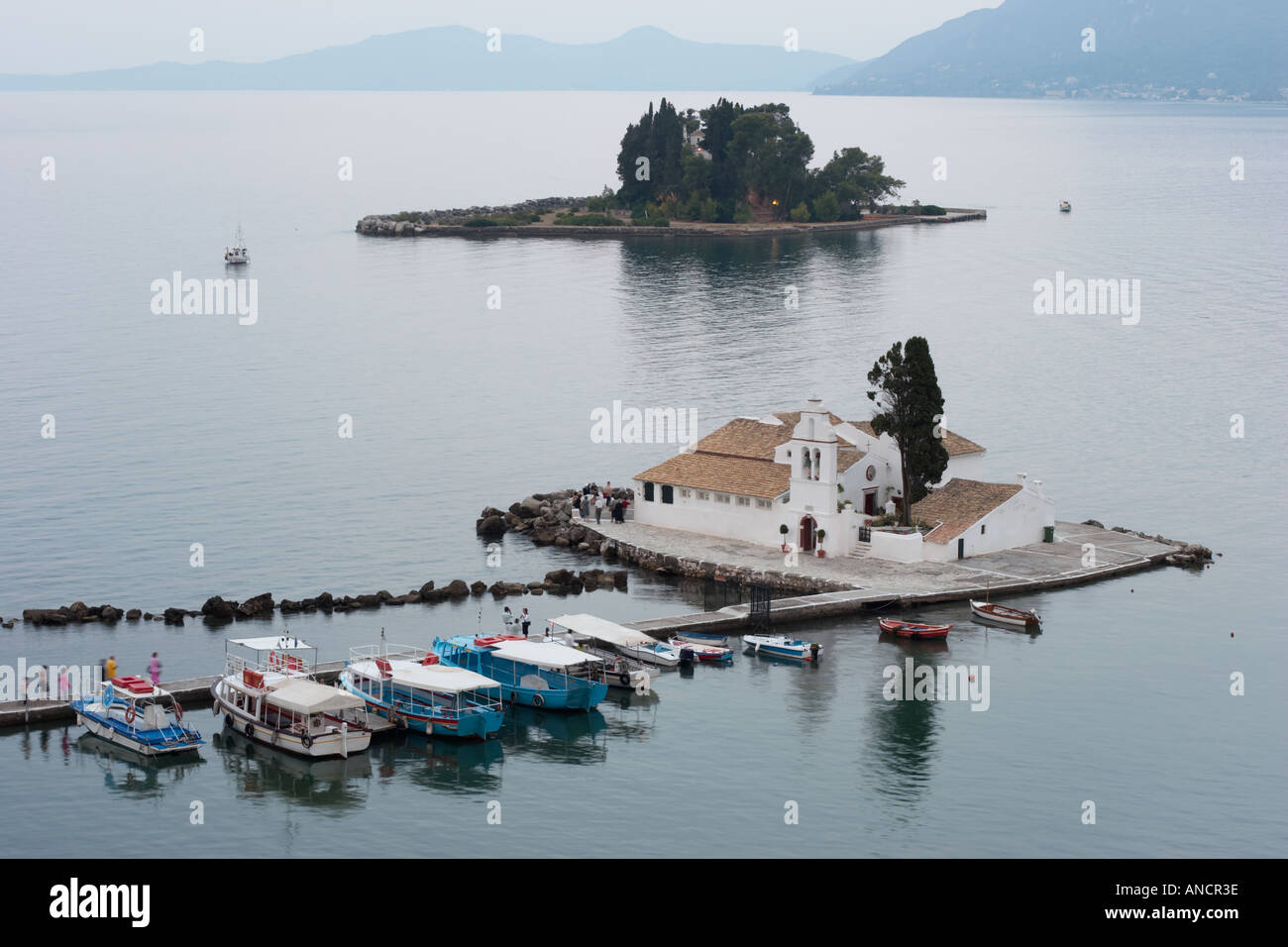 Vlacherna island with Pontikonissi island at the background. Corfu, Greece. Stock Photo