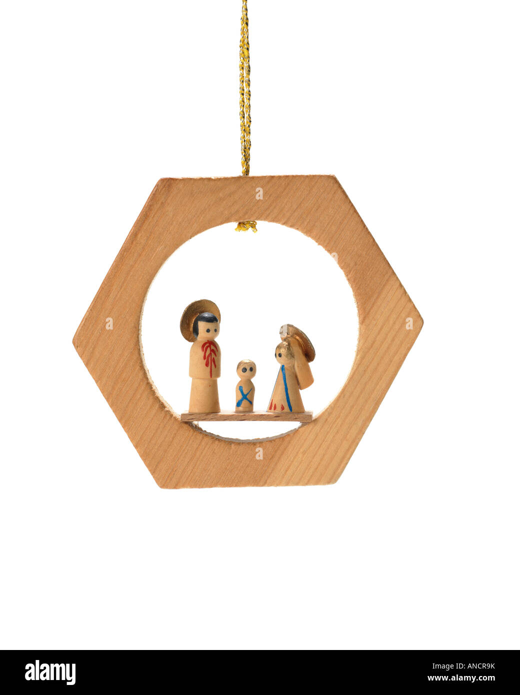 Christmas ornament nativity creche hanging on string Stock Photo