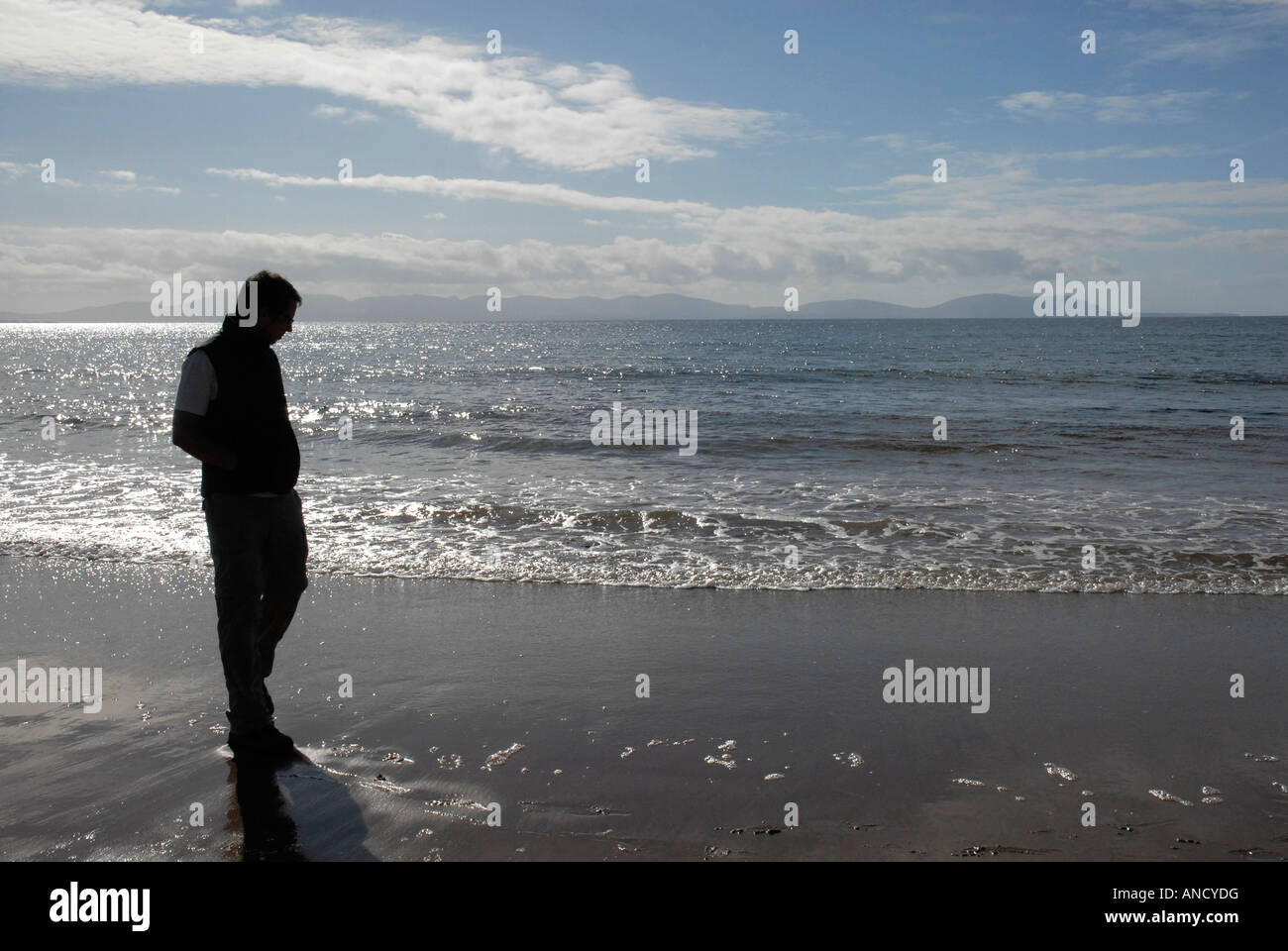 Silhouette of a man standing at the shoreline on a beach Stock Photo ...