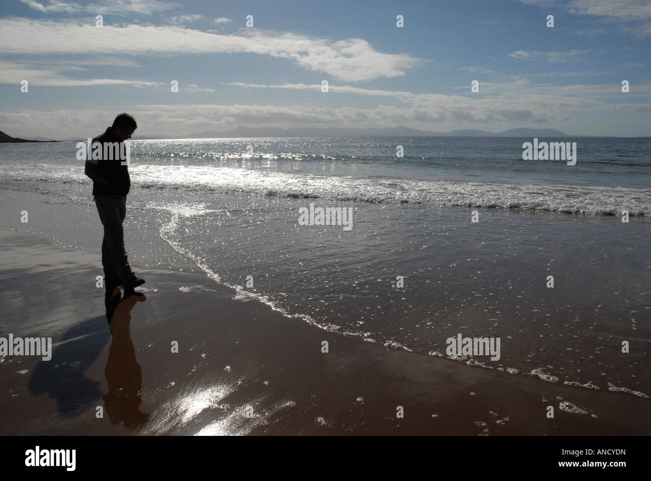 Silhouette of a man standing at the shoreline on a beach Stock Photo ...