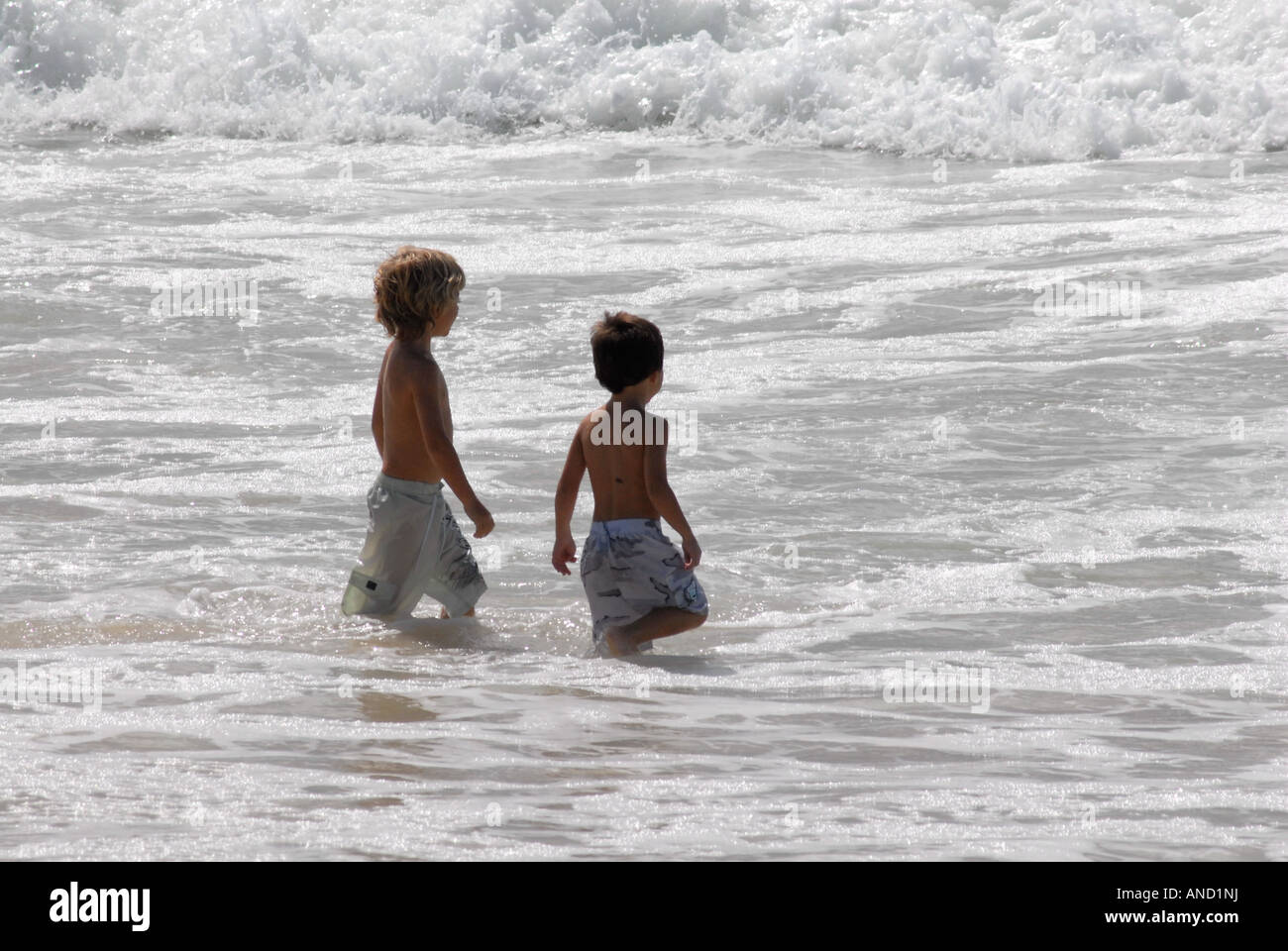 Two boys paddling in the sea Stock Photo - Alamy