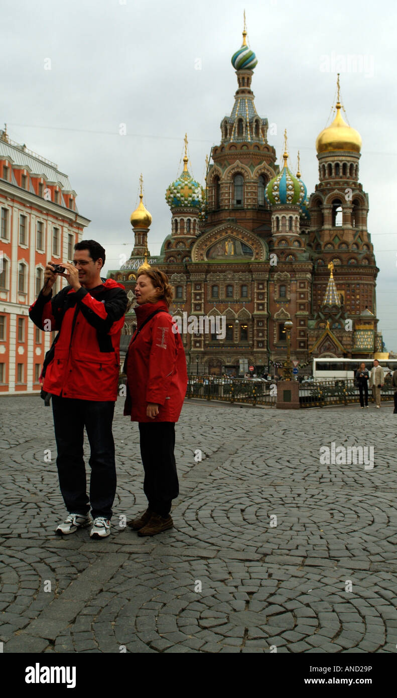 Tourists taking photo church Spilled Blood St Petersburg Russia Stock Photo