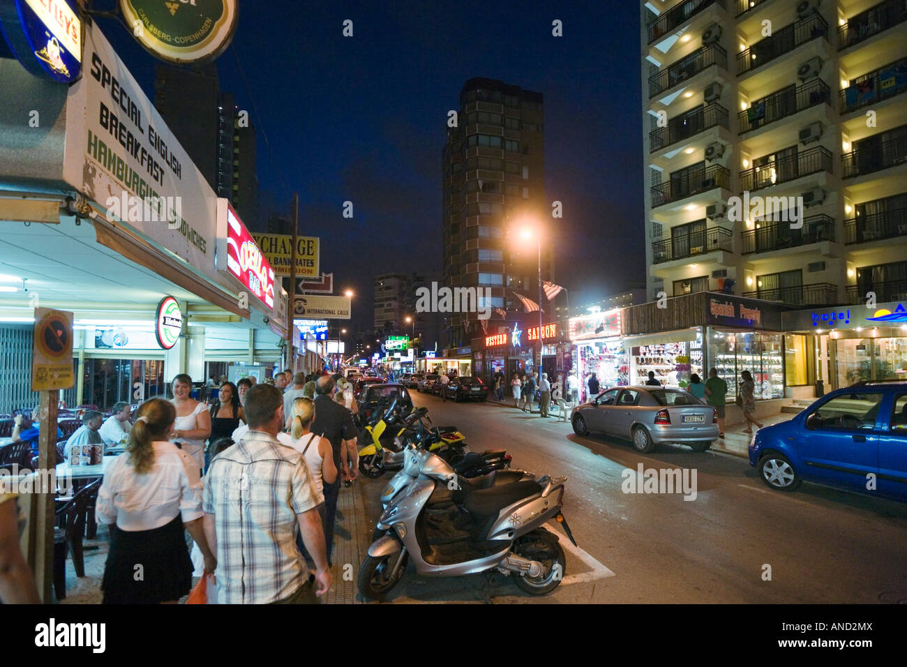 Calle Gerona at Night, Resort Centre, Benidorm, Costa Blanca, Spain Stock Photo