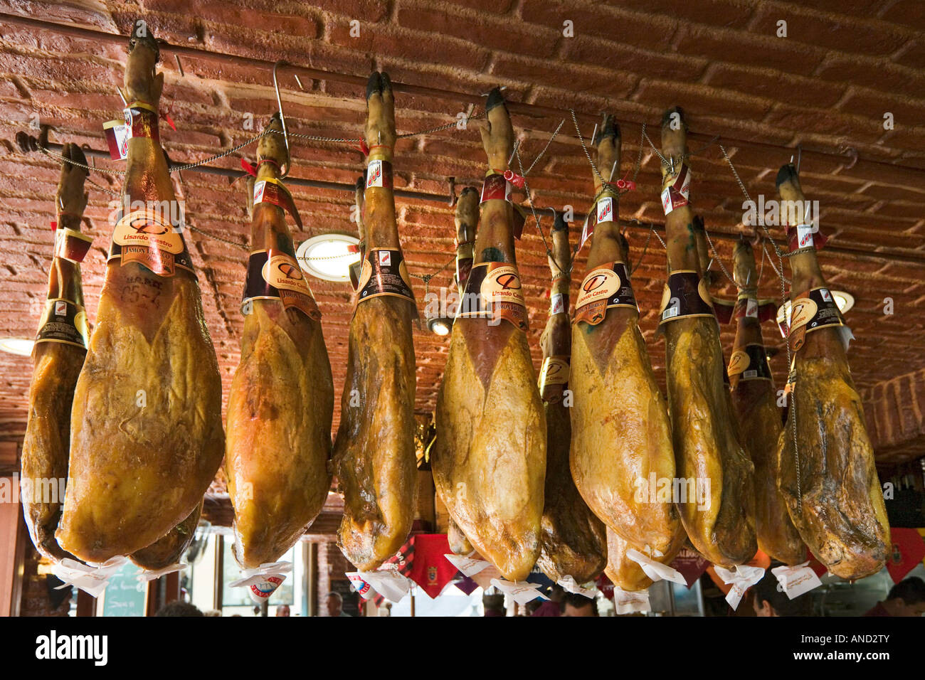 Jamon Serrano (Cured Hams) in a Tapas Bar, Old Town, Benidorm, Costa Blanca, Spain Stock Photo