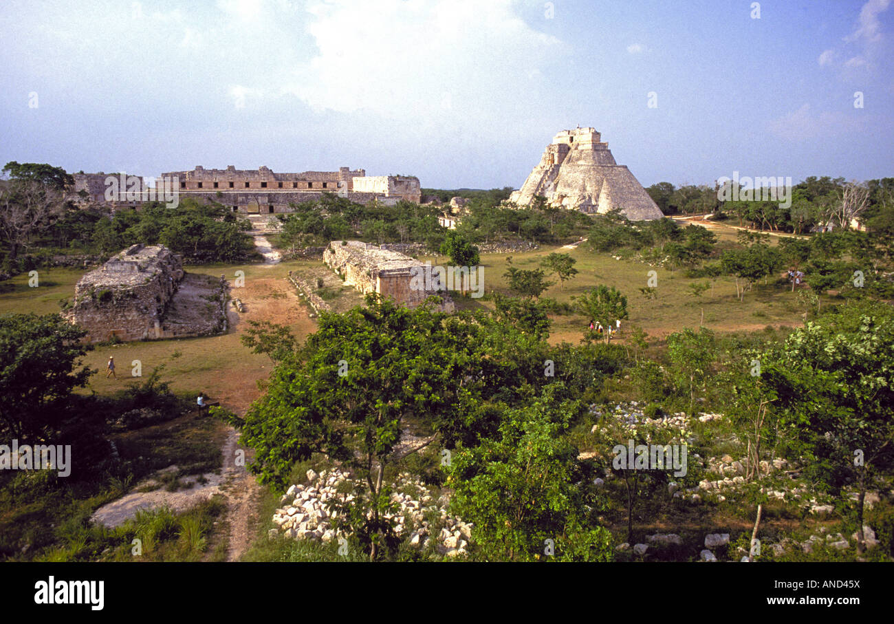 The main stone pyramid and other structures of the ruined Mayan city of Uxmal near Merida Stock Photo