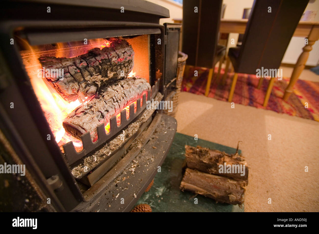 Using a log burning stove to heat a house is burning renewable fuel and