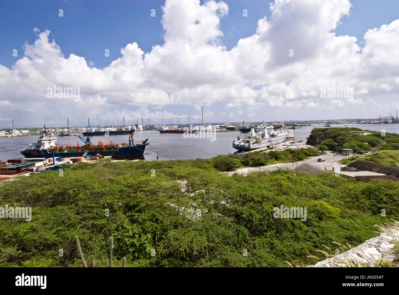 Commercial shipping at anchor in St. Anna Bay, Willemstad, Curacao Stock Photo