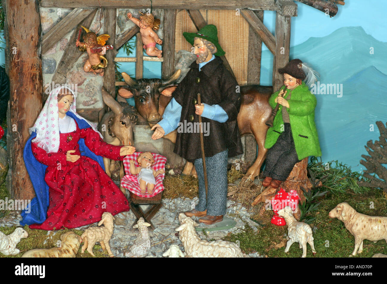 Bavarian sculptured Christmas nativity scene made in Oberammergau