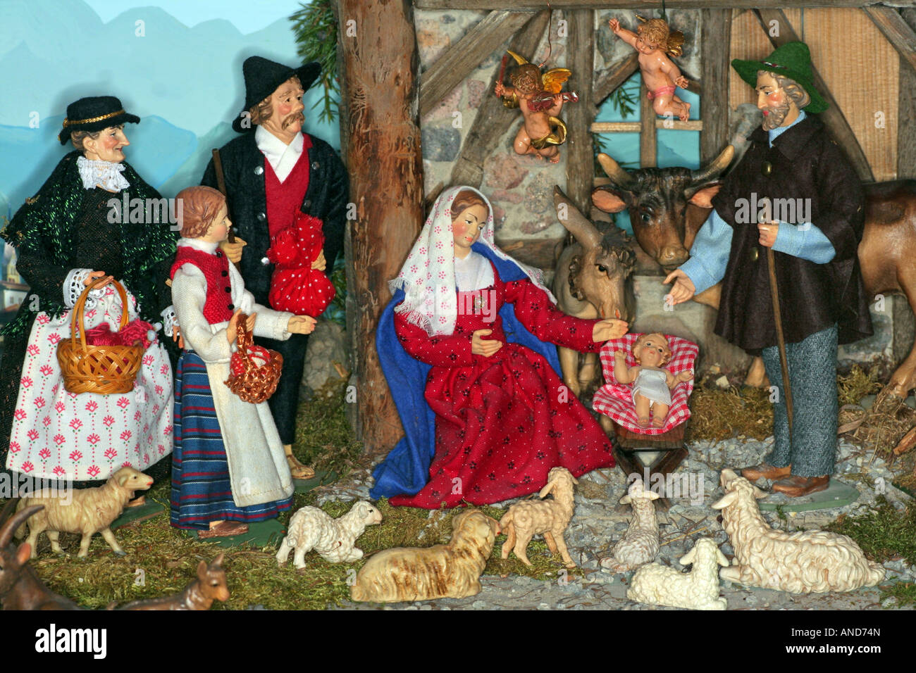 Bavarian Christmas sculptured nativity scene made in Oberammergau