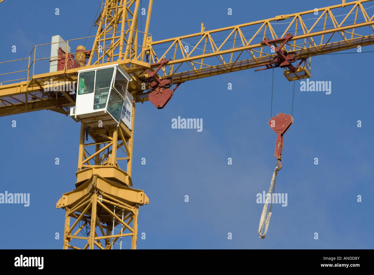 Tower crane cabin and hook. Proprietary details removed Stock Photo - Alamy