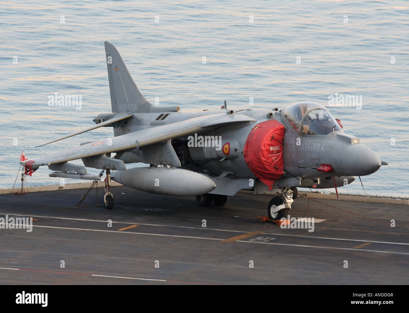 A Spanish Navy EAV-8B+ Harrier military jet fighter airplane on board the aircraft carrier Principe de Asturias Stock Photo