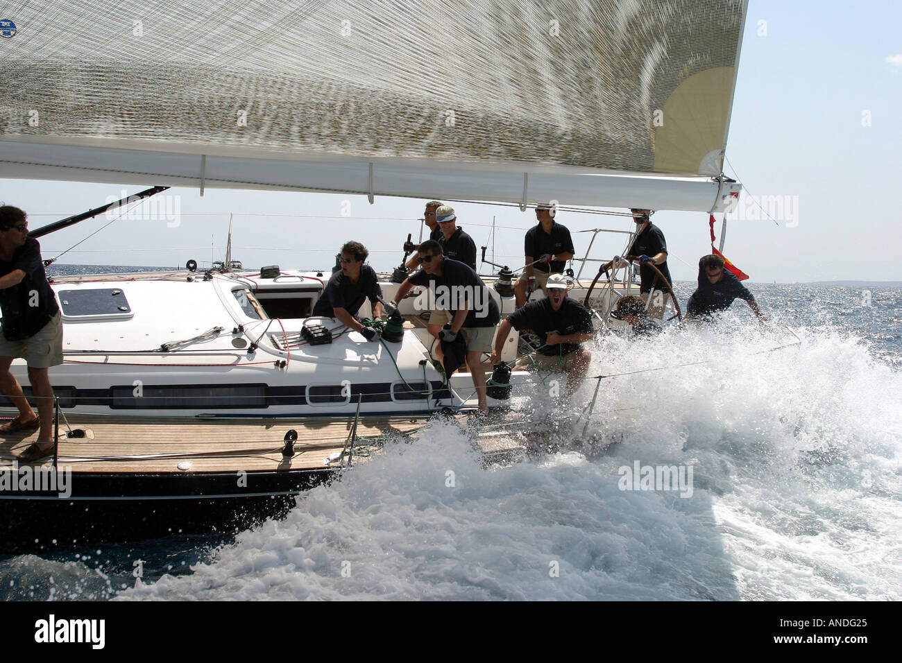 Crew racing yacht in Copa Del Rey race Spain 2004 Stock Photo