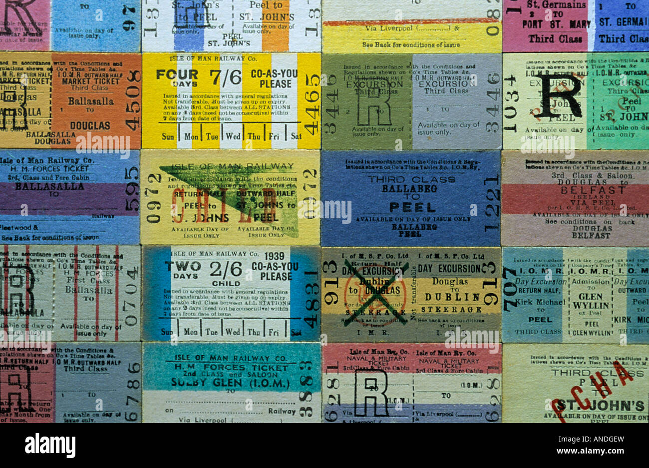 Printed ephemera / Old Isle of Man Railway Company train tickets, UK. Stock Photo