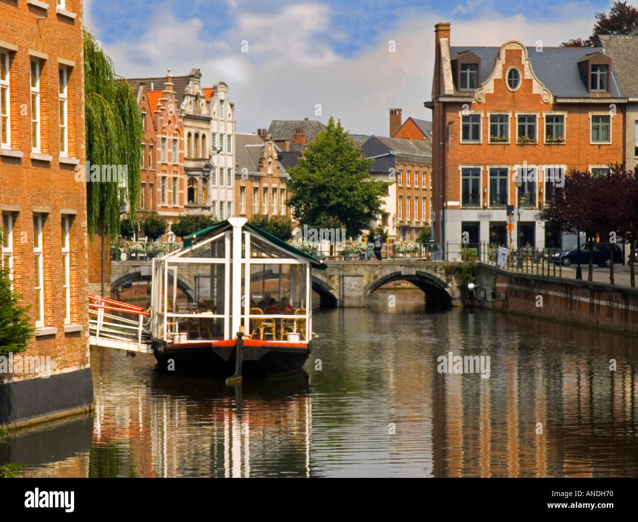 Old town Lier Belgium travel architect architecture facade medieval middle ages house canal channel waterway river bridge restau Stock Photo