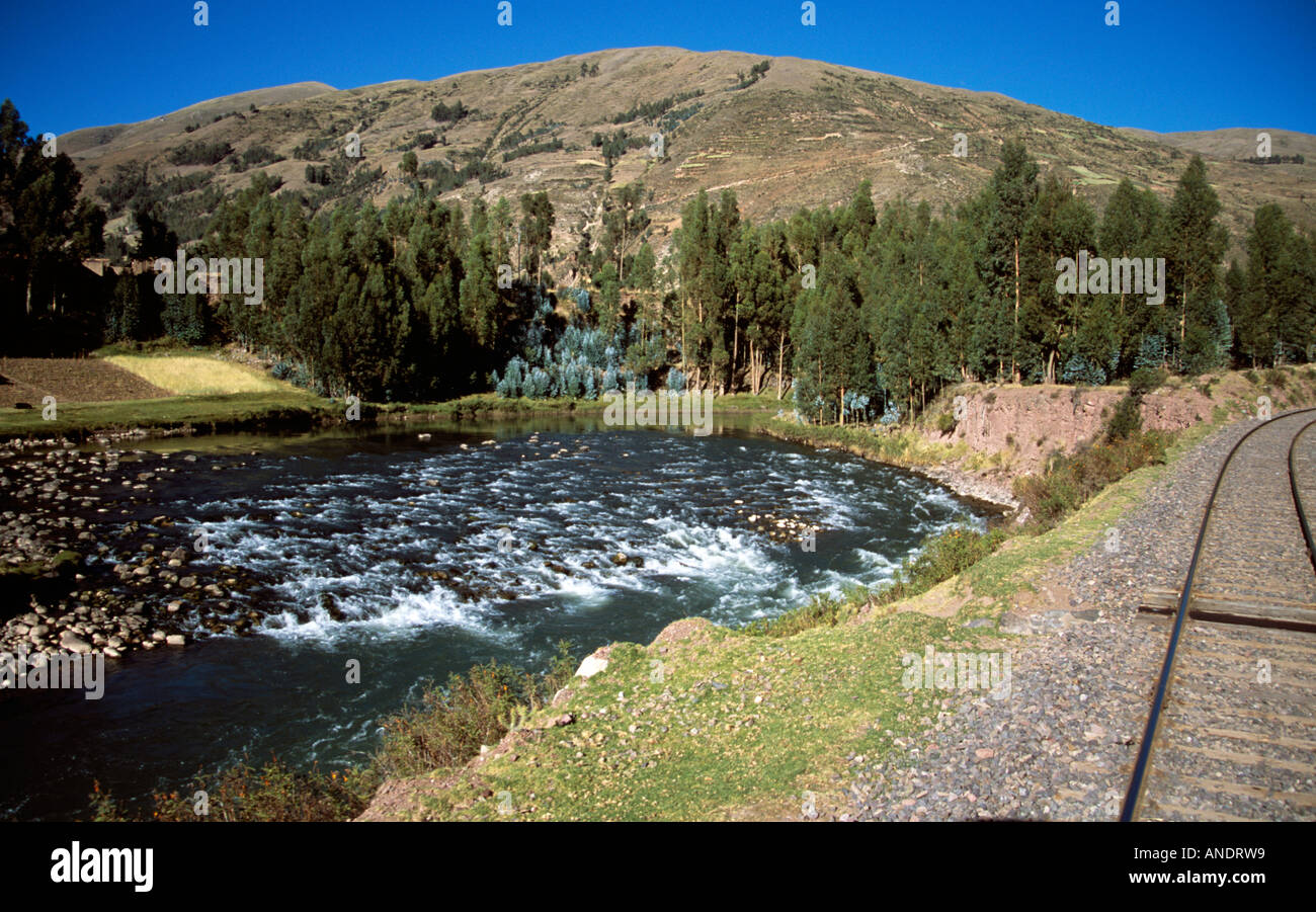 Railway track and river, Andes mountain range, Puno to Cusco Perurail train journey, Peru Stock Photo