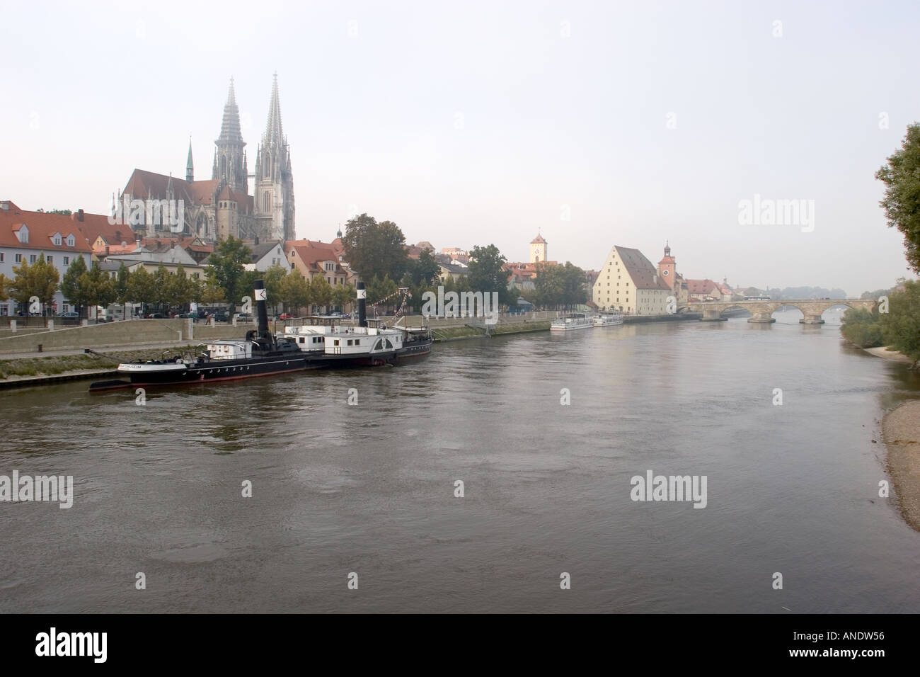 Beautiful misty view of the ancient city of Regensburg on the Danube River Germany Western Europe Stock Photo