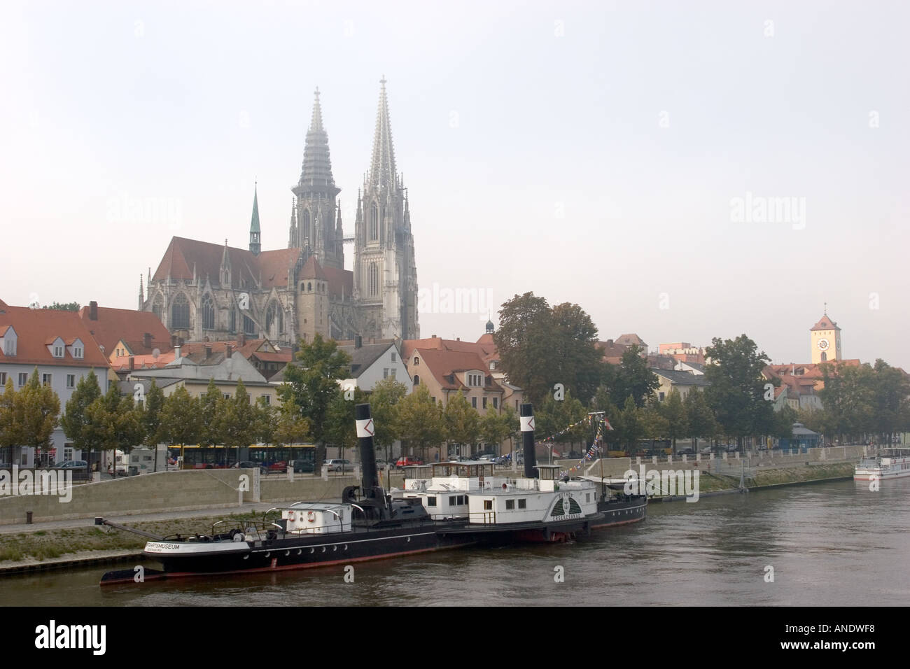 Beautiful misty view of the ancient city of Regensburg on the Danube River Germany Western Europe Stock Photo