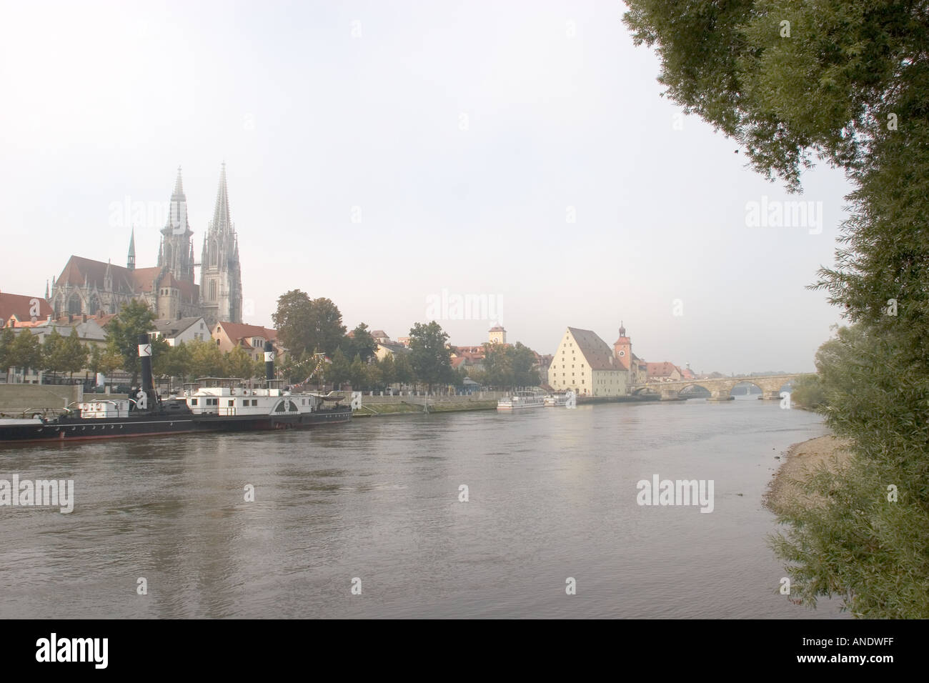 Beautiful misty view of the ancient city of Regensburg on the Danube River Germany Western Europe Stock Photo