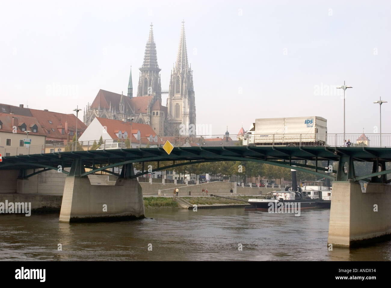 Beautiful misty view of the ancient city of Regensburg on the Danube River Germany Western Europe Stock Photo